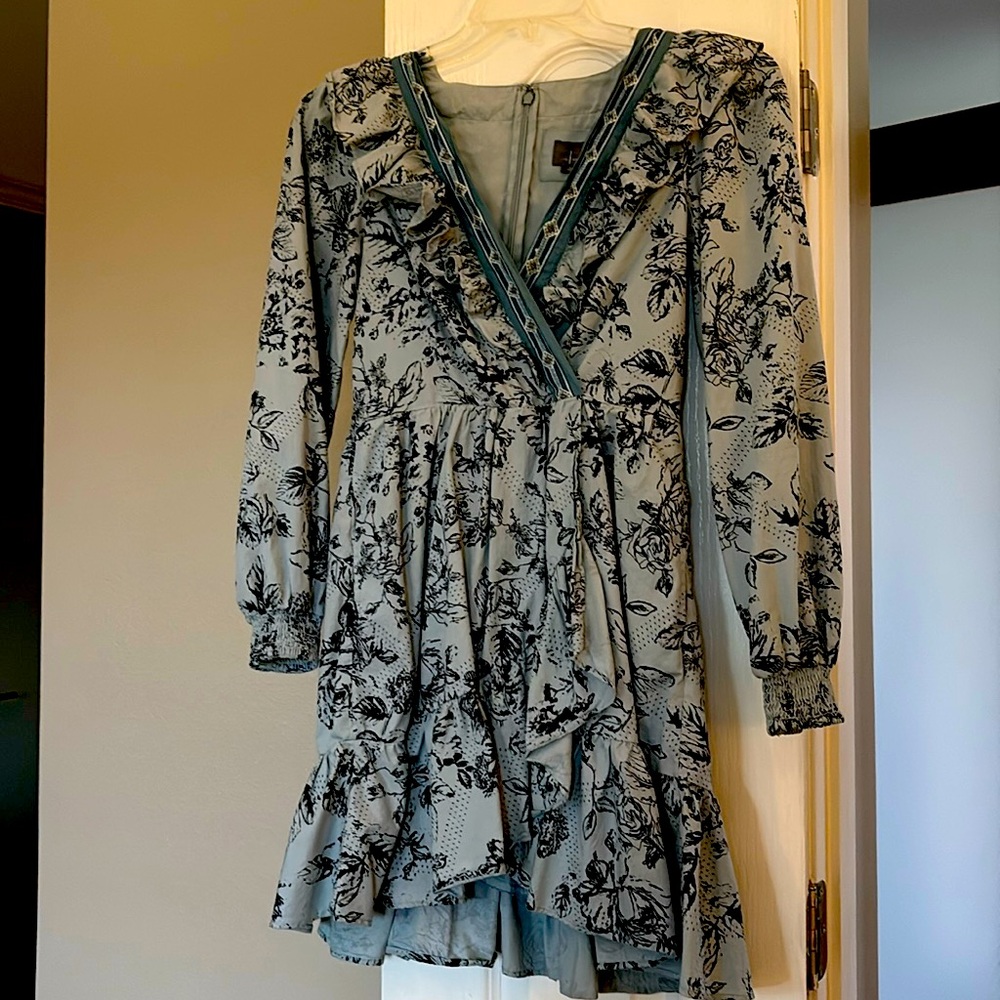 Anthropologie Cottagecore Dress Size XS Blue Black Floral Long Sleeve